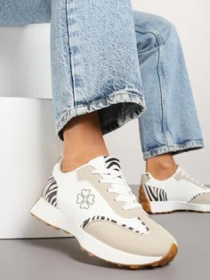 Beżowo-Białe Sneakersy Zdobione Haftem i Zeberkowymi Wstawkami Alinalla
