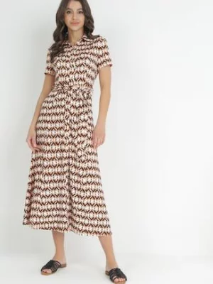 Beżowo-Bordowa Koszulowa Sukienka Maxi z Materiałowym Paskiem Rainora