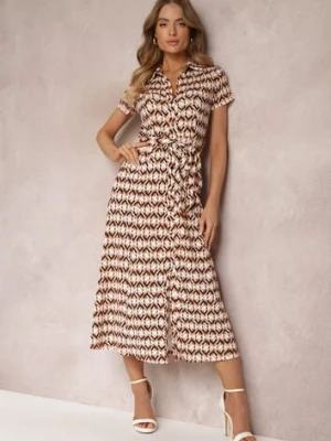 Beżowo-Bordowa Sukienka Mamci Koszulowa Wiązana w Pasie Maevana by swan