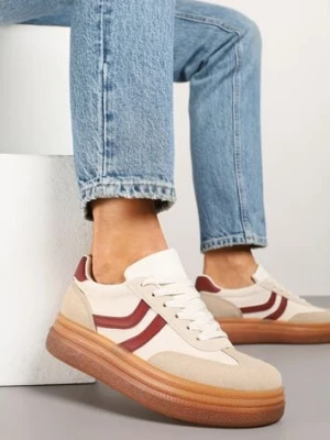 Beżowo-Bordowe Sneakersy Typu Kultowe Tenisówki na Niskiej Platformie Olritia