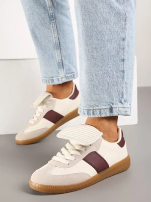 Beżowo-Bordowe Sznurowane Płaskie Sneakersy z Geometrycznym Wzorem Felilva