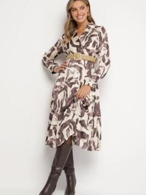 Beżowo-Brązowa Kopertowa Sukienka w Abstrakcyjny Wzór z Gumką w Talii i Paskiem Zinnitaria rosa