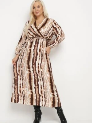 Beżowo-Brązowa Kopertowa Sukienka z Wiskozą i Paskiem w Talii Noranea christy
