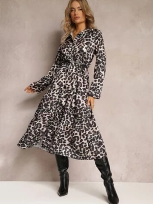 Beżowo-Brązowa Sukienka w Panterkę z Paskiem Antibrote lily rose