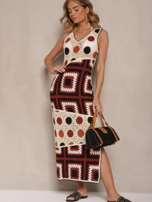 Beżowo-Brązowa Szydełkowa Sukienka z Bawełny o Dopasowanym Fasonie Atenissa rosa