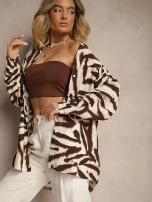Beżowo-Brązowa Wiskozowa Koszula z Lnem w Print w Zebrę o Kroju Oversize Telonira