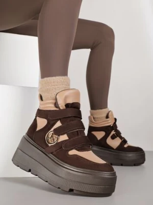 Beżowo-Brązowe Botki Sneakersy Vices na Platformie w Stylu Y2K Gelira