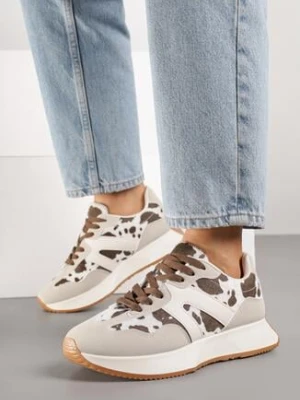 Beżowo-Brązowe Płaskie Sneakersy w Krowie Łaty z Geometrycznym Wzorem Nawla ideal