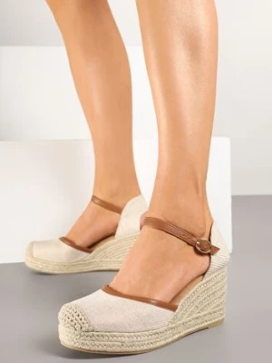 Beżowo-Brązowe Sandały Espadryle na Koturnie z Plecionki i Ozdobnym Noskiem Elanilis bellucci