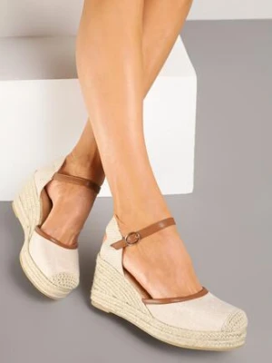 Beżowo-Brązowe Sandały w Stylu Espadryli na Plecionym Koturnie Eladwena bellucci