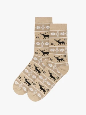 Beżowo-brązowe skarpetki świąteczne unisex w renifery Ryłko