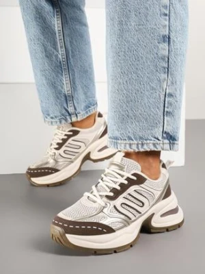 Beżowo-Brązowe Sneakersy na Grubej Tłoczonej Podeszwie z Geometrycznym Wzorem Deliorith