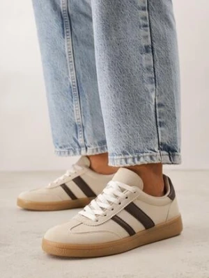 Beżowo-Brązowe Sneakersy na Kauczukowej Podeszwie z Geometrycznym Motywem Vikioria gowin