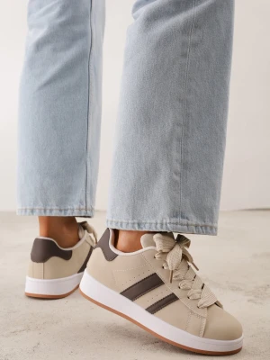 Beżowo-Brązowe Sneakersy na Niskiej Platformie z Naszywkami Flordexia Mulanka