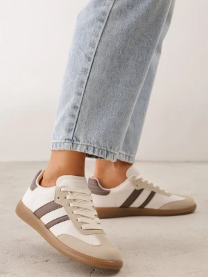 Beżowo-Brązowe Sneakersy na Płaskiej Podeszwie z Kontrastowymi Paskami Jereria Gowin