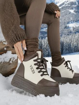 Beżowo-Brązowe Sneakersy na Platformie Ocieplane Futrem Leanelitia vices