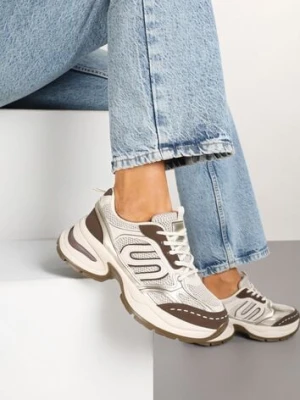Beżowo-Brązowe Sneakersy na Platformie z Tłoczeniem z Geometrycznym Motywem Delothiel