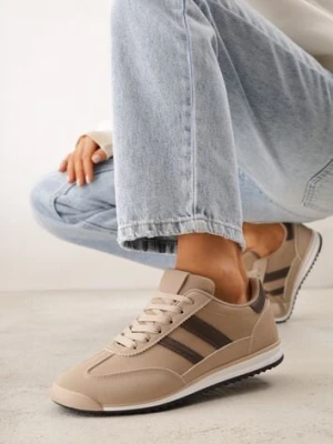 Beżowo-Brązowe Sneakersy Ozdobione Dwoma Paskami Lannatea