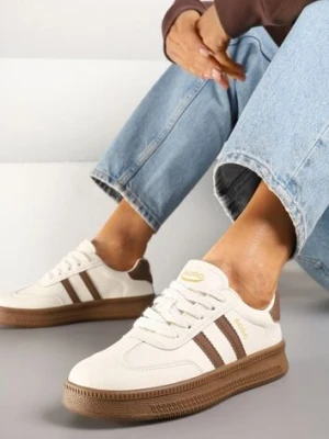 Beżowo-Brązowe Sneakersy Sportowe z Ozdobnymi Paskami i Przeszyciami Wenilan shosho