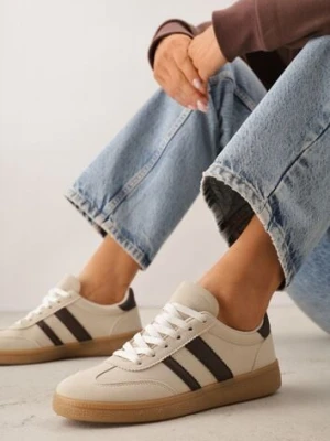 Beżowo-Brązowe Sneakersy Typu Tenisówki Ozdobione Paskami po Bokach Fefia gowin
