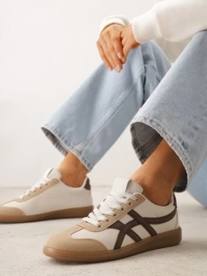 Beżowo-Brązowe Sneakersy w Stylu Tenisówek Ozdobione Geometrycznymi Paskami Zitora jumelle