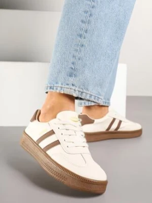 Beżowo-Brązowe Sneakersy w Stylu Tenisówek z Paskami na Boku Saliena
