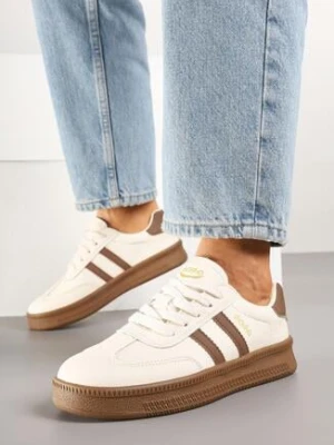 Beżowo-Brązowe Sneakersy w Stylu Tenisówek z Paskami na Boku Saliena shosho