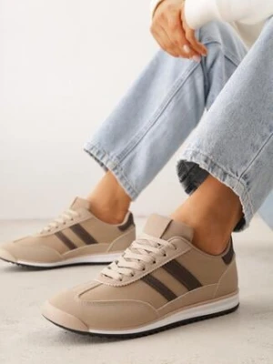 Beżowo-Brązowe Sneakersy z Geometrycznym Motywem Jannata mulanka