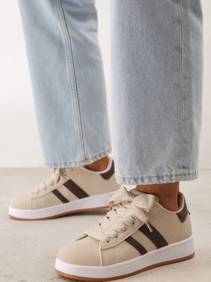 Beżowo-Brązowe Sneakersy z Ozdobnymi Naszywkami z Boku Galdexis Mulanka