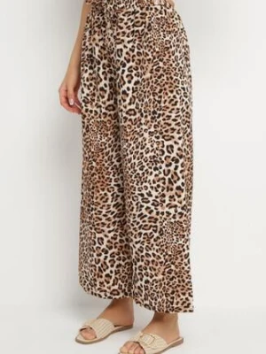 Beżowo-Brązowe Spodnie o Szerokim Kroju z Gumką w Talii w Panterkę Filassena defox