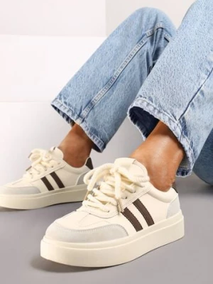Beżowo-Brązowe Sznurowane Sneakersy na Platformie Ozdobione Paskami Tialise