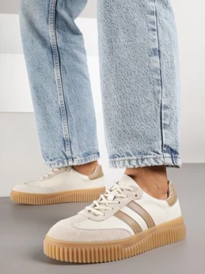 Beżowo-Brązowe Zamszowe Sneakersy w Stylu Kultowych Tenisówek ze Skórzaną Wkładką Tenannia goodin