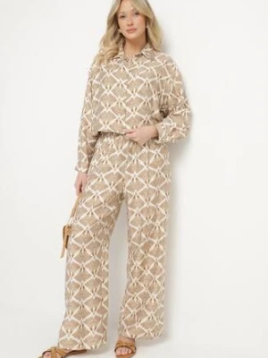 Beżowo-Brązowy Wiskozowy Komplet w Etniczny Wzór Koszula i Spodnie Desaviana defox