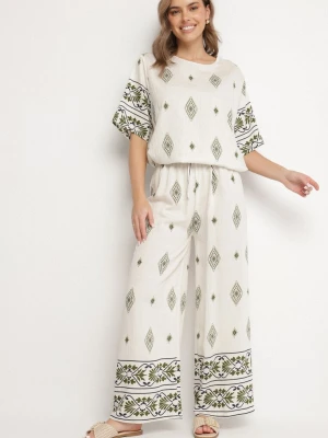 Beżowo-Ciemnozielony Wiskozowy Komplet w Stylu Boho Szerokie Spodnie i Bluzka T-shirt Sarilorae J&x