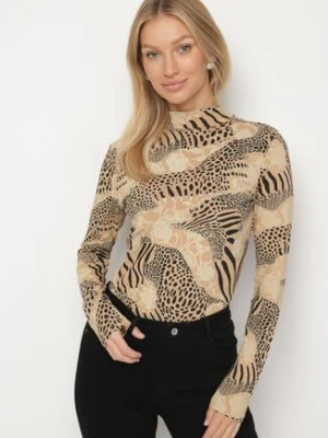 Beżowo-Czarna Bawełniana Bluzka w Panterkę z Półgolfem i Długim Rękawem Unilae glo-story