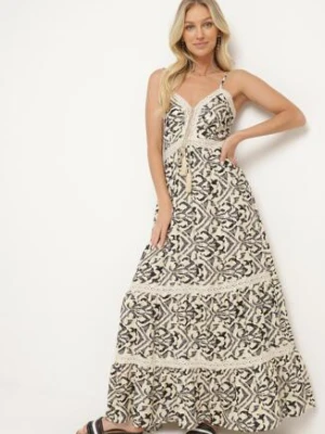 Beżowo-Czarna Bawełniana Sukienka na Cienkich Ramiączkach Zdobiona Haftem z Gumką w Pasie Vikalia rosa