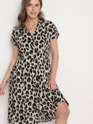 Beżowo-Czarna Bawełniana Sukienka o Koszulowym Kroju z Kieszeniami w Panterkę Iffanea defox