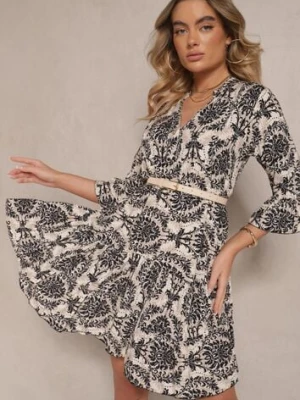 Beżowo-Czarna Bawełniana Sukienka o Rozkloszowanym Kroju w Ornamentalny Print Laniwea defox