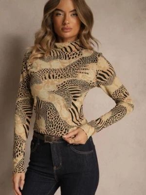 Beżowo-Czarna Bluzka Longsleeve z Bawełny z Półgolfem i Panterkowym Printem Unalla glo-story