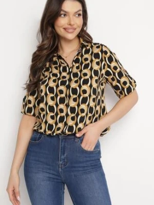 Beżowo-Czarna Koszula z Bawełny i Wiskozy z Rękawem 3/4 i Ozdobnym Wzorem Tinari