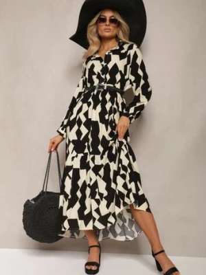 Beżowo-Czarna Koszulowa Sukienka Maxi w Geometryczny Wzór Qerida sweet&girl