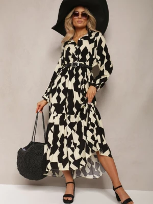 Beżowo-Czarna Koszulowa Sukienka Maxi w Geometryczny Wzór Qerida Sweet&girl