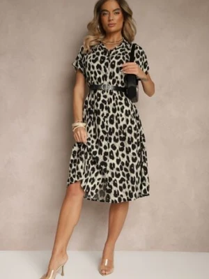 Beżowo-Czarna Koszulowa Sukienka z Bawełny w Panterkowy Print Iffiera defox