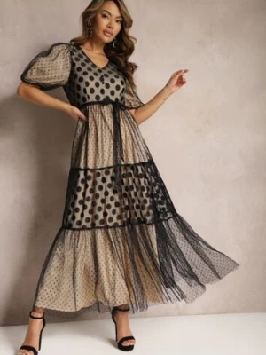 Beżowo-Czarna Maxi Sukienka Tiulowa Rozkloszowana z Paskiem i Bufiastymi Rękawami Bervilla elsa.m by may