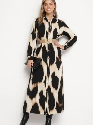 Beżowo-Czarna Panterkowa Sukienka w Koszulowym Stylu z Elastycznym Paskiem Tinellea rosa