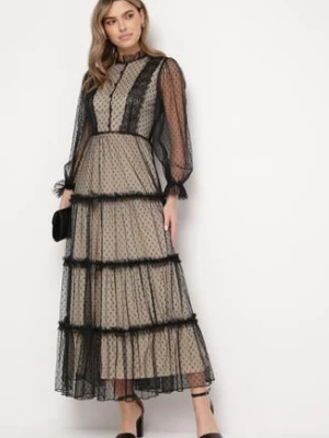 Beżowo-Czarna Rozkloszowana Sukienka Maxi z Przezroczystszego Tiulu Ozdobiona Koronką Lanessa