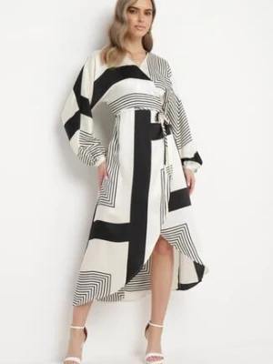 Beżowo-Czarna Sukienka Kopertowa Kimono z Geometrycznym Wzorem i Wiązanym Paskiem Klerossa bisou's project