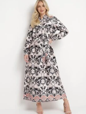 Beżowo-Czarna Sukienka o Pudełkowym Fasonie z Satyny w Ornamentalny Print Alerosa m&d fashion