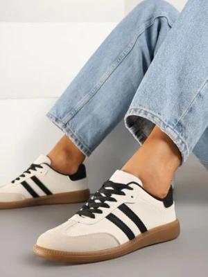 Zdjęcie produktu Beżowo-Czarne Casualowe Sneakersy na Płaskiej Podeszwie z Paskami Jereria