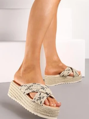 Beżowo-Czarne Klapki na Koturnie i Platformie Ozdobione Plecionką z Juty Vitrima